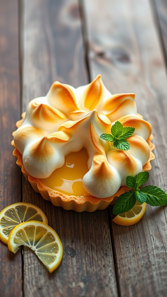 Zesty Passover Lemon Meringue Tart Zesty lemon meringue tart with golden meringue on top, displayed on a wooden table with lemon slices.